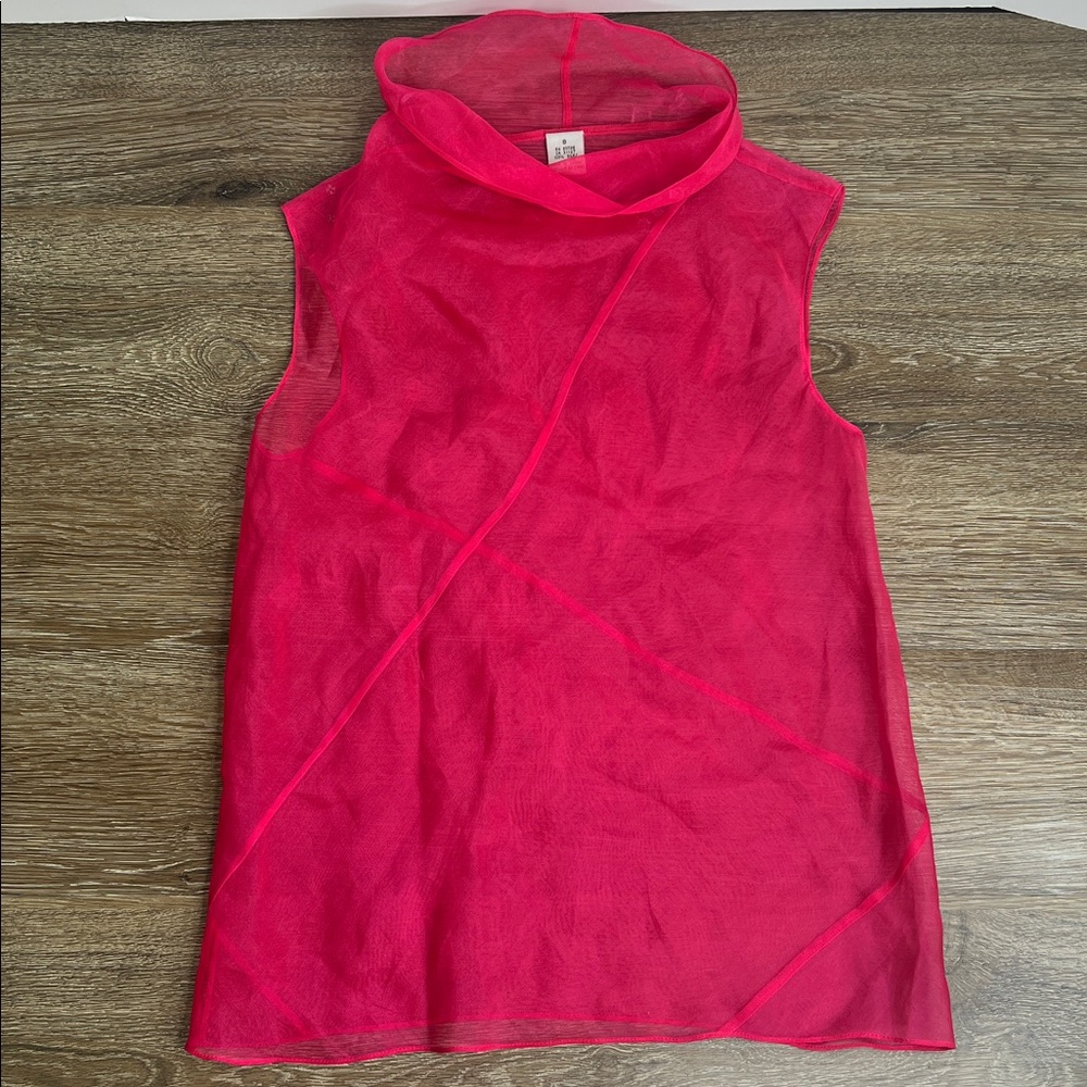 Sheer Hot Pink Silk Sleeveless Top | Mock Neck | Size 8